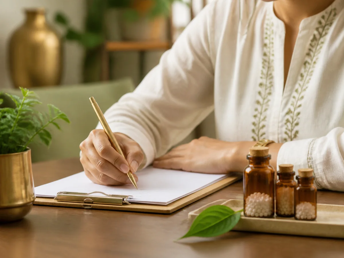 A homoeopathic consultation desk with notes and remedies