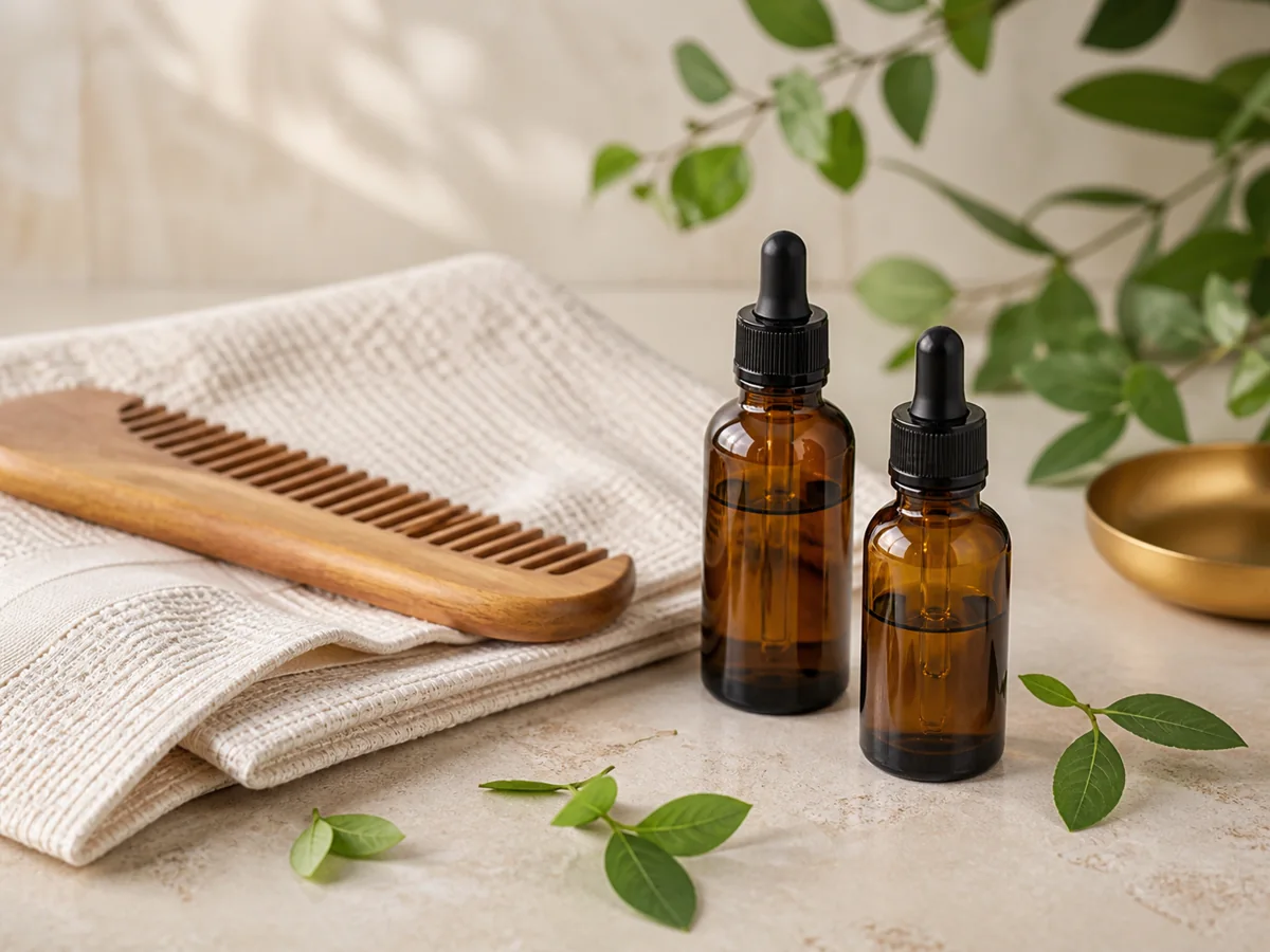 Skin and hair care serums arranged with natural materials