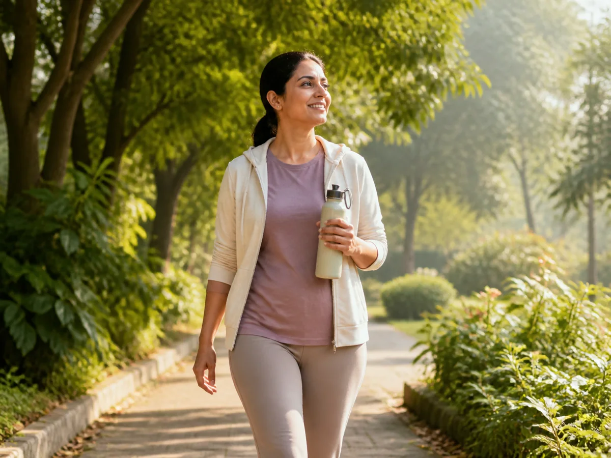 A woman enjoying a healthy morning walk outdoors