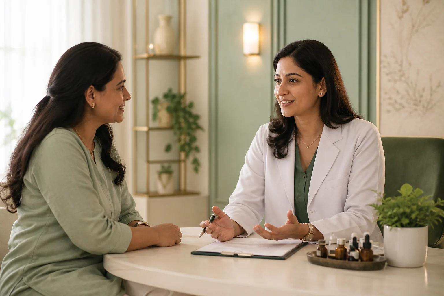 A clinician having a thoughtful consultation with a patient