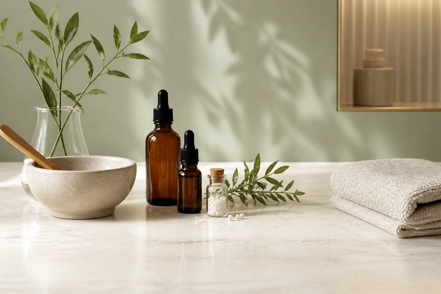 A calm arrangement of wellness serums, a homoeopathic vial, and natural greenery